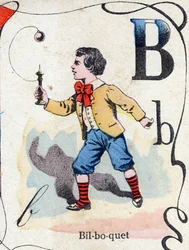 Kirjain B Bilboquet. Kaiverrus "ABC des joux pour petits boys". Kuvaus Pont-a-Moussonista, Louis Vagne, painokustantaja, 1800-luvun loppu. Mitat: 32,5x25 cm