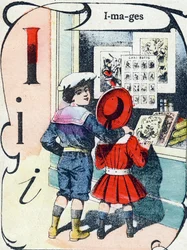 Kirjain I: kuvat. Kaiverrus "ABC des joux pour petits boys". Kuvaus Pont-a-Moussonista, Louis Vagne, painokustantaja, 1800-luvun loppu. Mitat: 32,5x25 cm