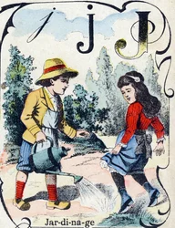 J-kirjain: Puutarhanhoito. Kaiverrus "ABC des joux pour petits boys". Kuvaus Pont-a-Moussonista, Louis Vagne, painokustantaja, 1800-luvun loppu. Mitat: 32,5x25 cm