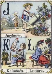 Kirjain J, K ja L: puutarhuri, kakatot ja lukeminen. Luova aakkoset. Epinaalinen kuvantaminen. Stenciloidut puukaiverrukset, n. 1880. Pieni 16-sivuinen vihko