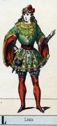 L-kirjain kuten Louis. Teatterimuseon johtaja. Kuvaus Epinalista, noin 1830. Mitat: 37,7x47,5 cm. Puukaiverrus, stenciloitu kullauksella. Yksityinen kokoelma.