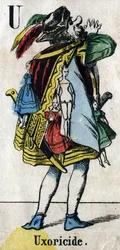 U-kirjain: Uksorisidi. Kaiverrus "Alphabet-naamio". Uusi Epinal kuvantaminen. Painatus-litografia Pinot et Sagaire, toimittajat, Epinal, 1800-luvun toinen puoli. Kilpi Ná 491, jossa 25 valaistua kirjainta. Mitat: 40,5 x 28 cm