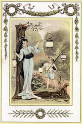 Kirje, joka esittää japanilaista äitiä ja hänen poikaansa lyhtyineen, 1800-luvun loppu (kromolitografia)