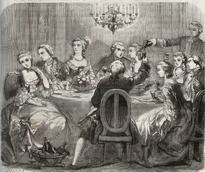 Libertinage: Christian VII (1749-1808), Tanskan ja Norjan kuningas tanssija Marie Madeleine Guimardin (1743-1816) järjestämän vapaapäivän aikana Pantinin talossaan. Kaiverrus vuodelta 1871 Henry de Kockin (1819-18) teokseen "Histoire Des Cocus Celebres"