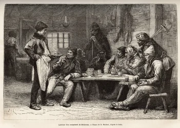 Woodcheron-leirin sisustus Ontariossa, kaiverrus D.Maillardin piirustuksen mukaan, joka havainnollistaa retkiä Kanadaan ja Northern Red Riveriin, H. De Lamotte, vuonna 1873, julkaistu "" Le world tour"" -lehdessä 1875 , editoi Edouard