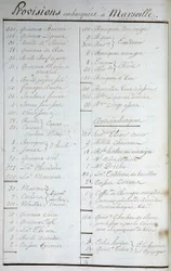 Luettelo Marseillessa alukseen otetuista muonavaroista ja keripukin vastaisia reseptejä teoksessa "Maailmanympärimatka Solide-laivalla kapteeni Marchandin johdolla" (laivapäiväkirja). 1791-1792. Pariisin kansallisarkisto.