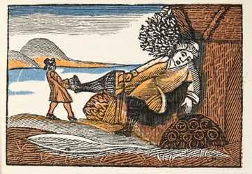 Little Thumb from Histories or Tales of Past Times, kertoo Mother Goose, Morals, M Perrault, pub. 1925 (käsinvärinen puupalikkaprintti)