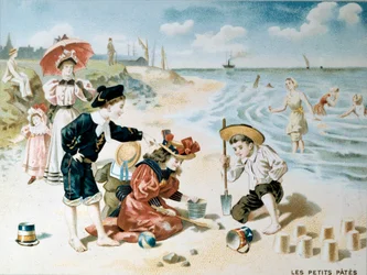 Pikku pasta: lapset leikkivät rannalla hiekalla. 1900-luvun alun kuvitus (kromoliittinen).