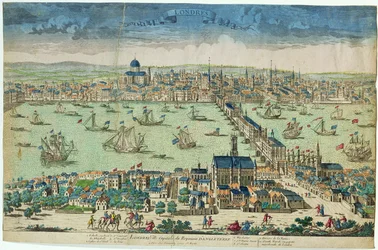 "Lontoo, Englannin kuningaskunnan pääkaupunki", ranska, noin 1700 (käsin väritetty puupiirros).