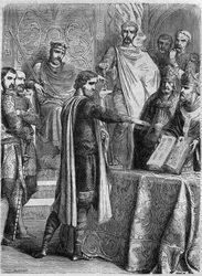 Lotharia II (825-869) vannoi evankeliumin ennen paavi Adrien II:ta (792-872) Roomassa vuonna 869. Maurice Lachatren kaiverrus "Histoire des Papes-Rois-Queen and Empereurs a travers les centuries"
