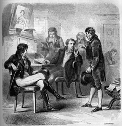 Louis Benoit (Louis-Benoit) Picard (1769-1828), ranskalainen kirjailija ja koomikko, edustettuna studiossaan. Kaiverrus vuodelta 1858.