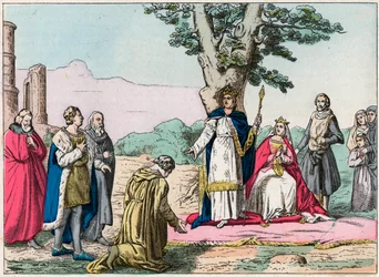 Ludvig IX, dit "Saint-Louis" (1214-1270) tekee oikeutta kaikille alamaisilleen Bois de Vincennesissä - Saint Louis (1214-1270) tekee oikeuden - Kaiverrus 1800-luvun lopusta kirjassa "Nos Gires Nationales" - Kuvat ja lausunnot""