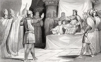 Ludvig I (778-840) hurskas hovissa, Colartin "Histoire de France" -teoksesta, julkaistu noin vuonna 1840.