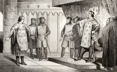 Louis VIII (1187-1226) leijona vastaanottaa lähettilään Englannin viholliselta Henrik III:lta (1207-72), Colartin "Histoire de France" -teoksesta, julkaistu noin 1840