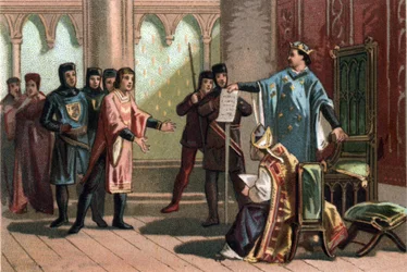 Ludvig VIII, joka tunnetaan nimellä "Leijona" (1187 - 1226), Kapetian dynastia, vastasi ylpeästi ja kiivaasti Englannin kuninkaan Henrik III:n lähettilään. Kromolitografia noin 1890.