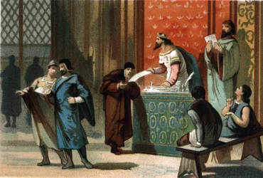 Louis VI dit Le Gros (1081-1137) antoi kuntien postimaksut. Kromolitografia noin 1890.