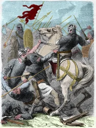Louis VI sanoi, että "The Gros" (1081 - 1137) yritti Brennevillen taistelussa ottaa Normandian Englannin kuninkaalta Henrik I:ltä vuonna 1119. Kaiverrus Paul Lehugeurin Histoire De France En Cent -maalauksiin 1891.