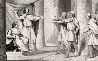 Ludvig V (967-87) Loafer näyttää kruunuaan seuraajilleen Colartin teoksesta "Histoire de France", julkaistu n. 1840