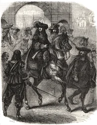Louis XIV (1638-1715) ja hänen vaimonsa Marie Therese (Marie-Therese) Itävaltalainen (1638-1683) saapuivat Pariisiin vuonna 1660. Kaiverrus "" Histoire de France" -kirjoitukseen L.-P. Anguetil