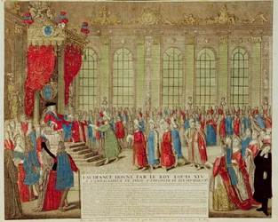 Ludvig XIV (1638-1715) vastaanottaa Persian suurlähettilään Mohammed Reza Begin Galerie des Glacesissa Versailles
