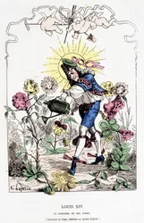 Ludvig XIV naamioitunut puutarhuriksi - Touchatoutin "" Histoire de France Tintamarresque" -kirjassa