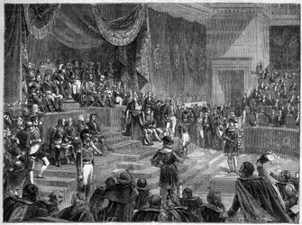 Ludvig XVIII ja perustuslaillisen monarkian perustaminen - Perustuslaillinen peruskirja 4. kesäkuuta 1814 - Ludvig XVIII johtaa jaostojen istunnon avajaisia 4. kesäkuuta 1814 Palais Bourbonissa Pariisissa - "Histoire de l