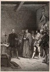Louis de Berquin (1485-1529), ritari ja humanisti, uskonnollinen uudistaja, Jean de la Barren (1523-1533) vapauttama prevot de Paris - Louis de Berquin (vasemmalla) vapautettiin vankilasta John de la Barren toimesta - kaiverrus kirjasta "" Ranskan historia