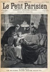 Rakkausdraama: 17-vuotiaan morsiamen itsemurha hänen miehensä kuoleman jälkeen. Le Petit Parisien -lehden numero 27/08/1893
