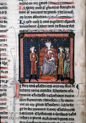 MS.782 Childeric II (n. 650–675), Clodomir (n. 495–524) ja mahdollisesti Theodoric, edustettuna kuningas Clotaire I:n (n. 497–561) suojeluksessa, istuu valtaistuimella, pienoismalli Chroniques de Saint-Denis (vellum)