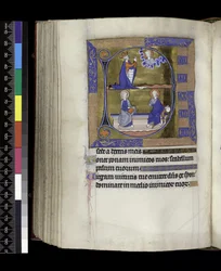 MS 300 f.125v, David rukoilee Jumalaa (yllä); Jumala pallolla ja Kristus kirjaineen penkillä (alla), Isabellan psalteri ja tunnit Ranskasta, Pariisi, n. 1265-1270 (kynä & muste ja tempera pergamentilla)