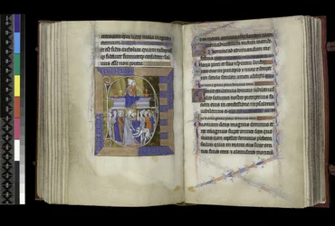 MS 300 f.177v-178r, Matins, Virgin and Child istuvat kahden maljakon välissä penkillä (yläpuolella); Kristuksen pettäminen, jossa Juudas suutelee Kristusta ja pyhä Pietari leikkaa Malkuksen korvan (alla), Ranskalaisen Isabellan psalteri ja tunnit, Pariisi,