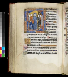 MS 300 f.191v, Kristuksen pilkkaaminen Jeesuksen kanssa, kiduttajien ympäröimänä, mukaan lukien kaksi juutalaisille pukeutunutta miestä, Psalter and Hours of Isabella of France, Pariisi, n. 1265-1270 (kynä & muste ja tempera pergamentilla)