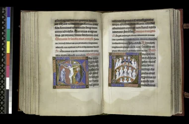 MS 300 f.198v-199r, Äänioikeus ristille ja äänioikeus enkeleille, Psalter and Hours of Isabella of France, Paris, n. 1265-1270 (kynä ja muste ja tempera pergamentilla)