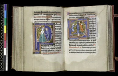 MS 300 f.199v-200r, Äänioikeus Pyhälle Johannes Kastajalle ja äänioikeus Pyhälle Pietarille, Psalter and Hours of Isabella of France, Paris, n. 1265-1270 (kynä & muste ja tempera pergamentilla)