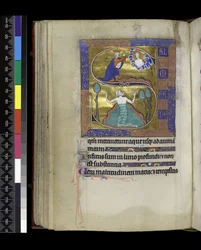 MS 300 f.70v, David rukoilee Jumalaa (ylhäällä), David uppoaa veteen (alla), Psalter and Hours of Isabella of France, Pariisi, n. 1265-1270 (kynä & muste ja tempera pergamentilla)