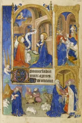 MS 39-1950 f.26r Ilmoitus ja ilmestys paimenille, 1464 (kulta, hopea ja värillinen muste pergamentille)