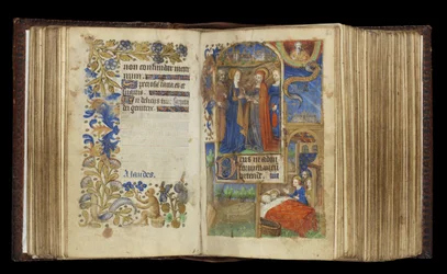 MS 39-1950 f.60v-61r The Visitation (kulta, hopea ja värillinen muste pergamentille)