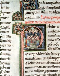 MS 3 Fol. 291v Pyhän Paavalin pako Damaskoksesta, valaistu alkukirjain P, 1200-luku, Avranchesin Raamatusta