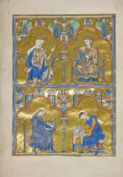 MS M.240 f.8r, Kastilian Blanche ja Ranskan kuningas Ludvig IX ja sitä vanhemmat: kirjailija sanelemassa kirjanoppijalle, Saint Louisin raamattu (moralisoitu raamattu), luultavasti Pariisi