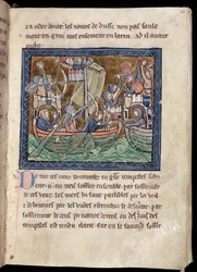 MS Marlay Add 1, fol. 86: Tekstisivu, jossa on meritaistelua esittävä illuminaatio, teoksesta De Re Militari, n. 1270