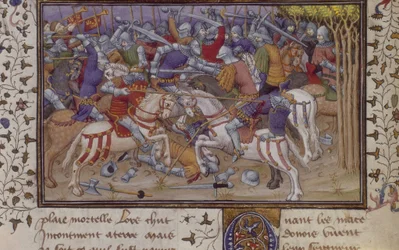 MS Royal 20 B.XX fol.16v Philipin tappio Pausaniaksen toimesta ratsaisten ritarien kanssa, Pseudo-Callisthenesin "La Vraye Histoire du Bon Roy Alixandre", 1400-luvun alku (vellum)
