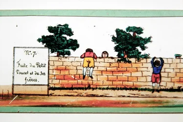 Taikalyhdyn kuva, joka havainnollistaa kohtausta sadusta "Tom Thumb" - Tom Thumb ja hänen veljensä pakenevat ogren talosta, 1800-luvun puoliväli (väripaperi)