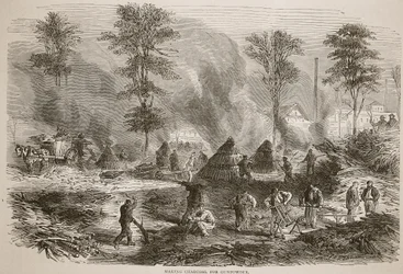 Hiilen valmistus ruutia varten, kuva Cassellsista Ranskan ja Saksan välisen sodan historia, 1870-1871