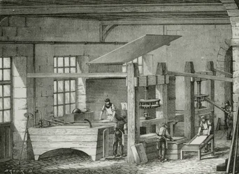 Paperin valmistus käsin seulomalla massa muotoihin. Kaiverrus c1870.