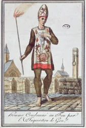 Mies, jonka Goan inkvisitio tuomitsi poltettavaksi roviolla, 1700-luvun lopulla (värikaiverrus)