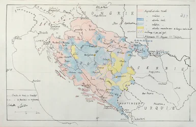 Bosnian kartta, jossa yksityiskohdat etnisten vähemmistöryhmien miehittämistä alueista, 1910 (kynä, muste & wc)