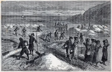 Marais salants de Bretagne 1800-luvulla - Alexis Clercin kaiverrus tekstiin "Tieteet, joita apurahoille tuotu - fysiikka ja kemia" - 1800-luvun loppu - Yksityinen kokoelma