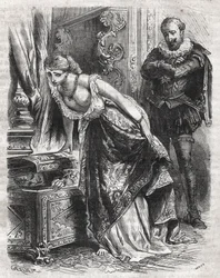 Marguerite de Valois (1553-1615), joka tunnetaan nimellä Queen Margot, piilottaa rakastajansa Julien de Lerisin tallelokeroon. Hänen miehensä, Ranskan kuningas Henrik IV (1553-1610), tarkkailee kohtausta hauskasti. 16. vuosisata. Kaiverrus vuodelta 1871 te