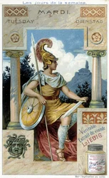 Mars ilmentää tiistaita. 1800-luvun mainos "todelliselle Liebig-lihauutteelle".
