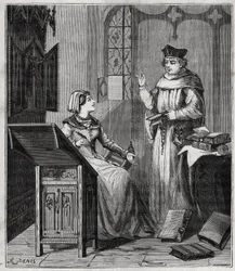 Matthieu Lansbert (Lansberg, Lansbergh, Laensberg tai Laensbergh) (1400-1500-luvulla) et sa veljentytär - Kaiverrus "" Tieteet kaikkien saataville - fysiikka ja kemia", kirjoittaja Alexis Clerc - 1800-luvun loppu - Yksityinen kokoelma